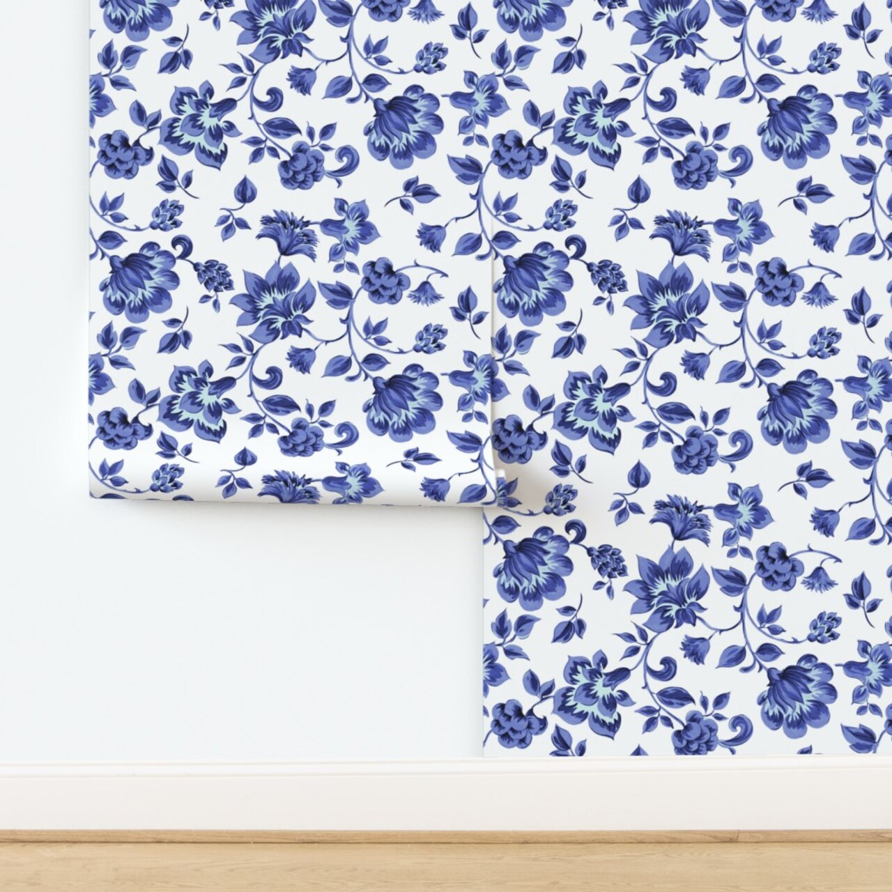 Simple Blue Flower Traditional Vintage Flowers And White Chintz Traditional Wallpaper by Spoonflower Non-Pasted Wallpaper 2FT Wide